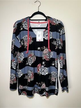 LuLaRoe Eliza Striped Floral Hoodie Top in Black, Blue & Pink